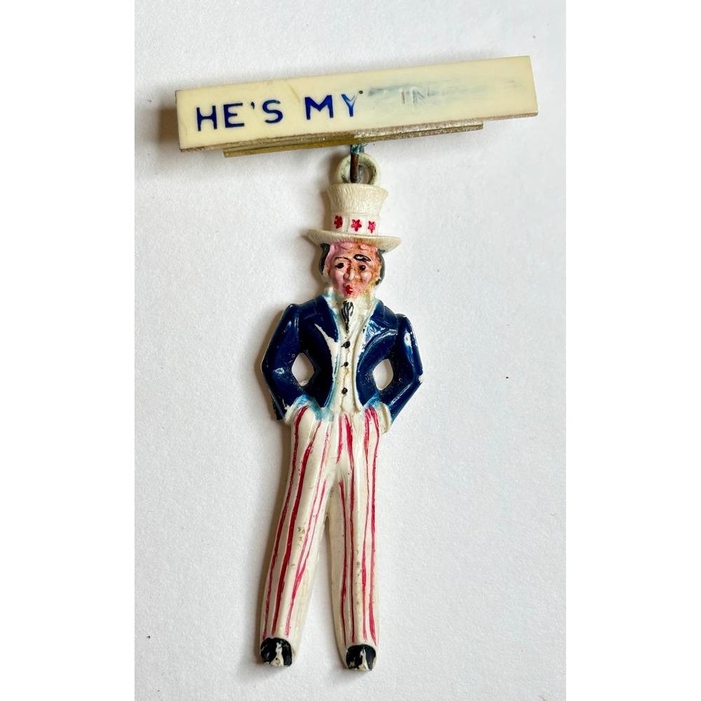 1940s Celluloid Patriotic Americana Brooch Uncle Sam He's My Uncle Charm Pin